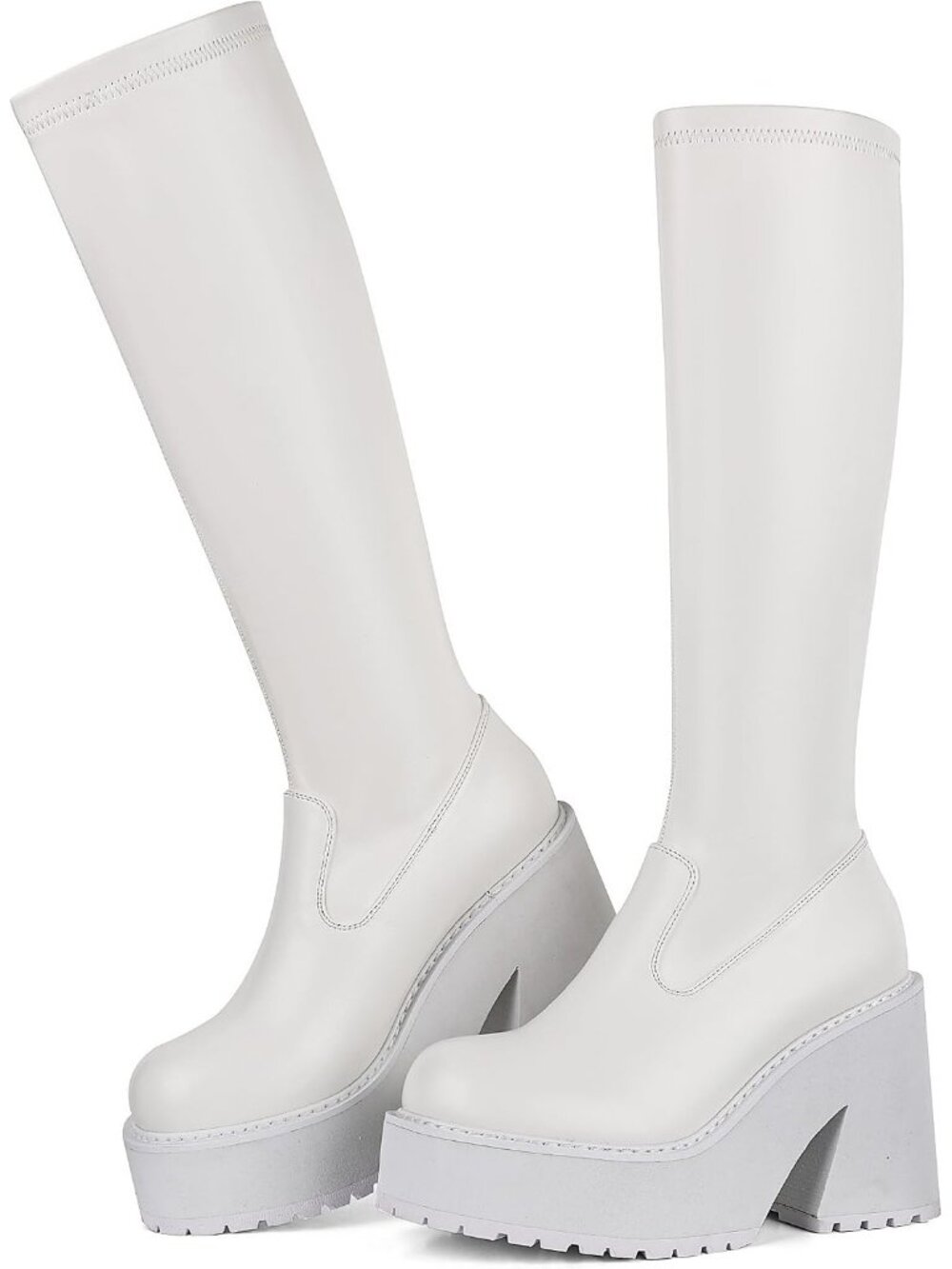 Women's White Faux Leather Knee High Chunky Heel Sock Round Toe Zipper Boots